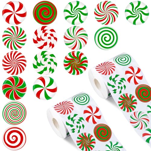 Whaline 1000Pcs Christmas Stickers Roll Candy Theme Decals 16 Designs Red Green Sweet Xmas Adhesive Decorative Round Seal Stickers for Gift Greeting Card Party Supplies von Whaline