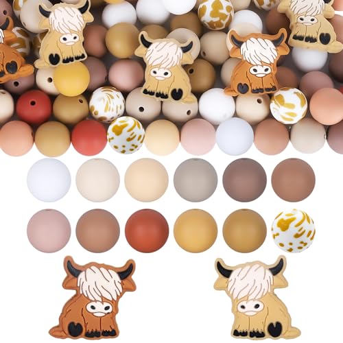 Whaline 100Pcs Highland Cow Silicone Beads Animal Shaped Beads Brown White Loose Cow Printed Bead Colorful Flat Round Spacer Beads for Making DIY Necklaces Bracelet Keychain,15x15mm von Whaline