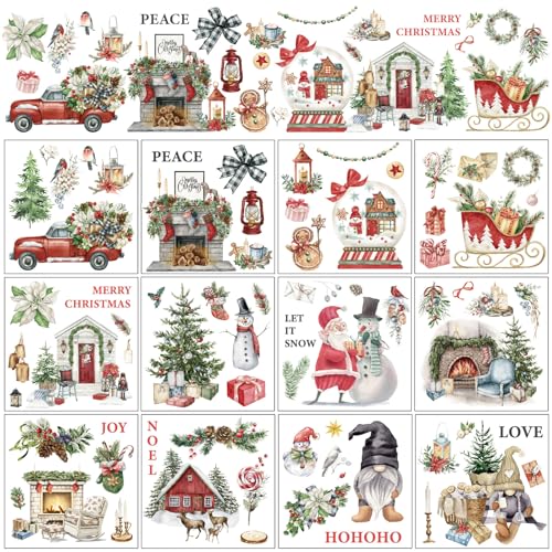 Whaline 12 Blatt Weihnachten Rub-on Transfers Klassische Aquarell Weihnachtsmann Schneemann Zwerg Transfer Aufkleber Winter Floral Vogel Möbel Aufkleber für Home Office Papier Holz DIY Handwerk, 16,5 von Whaline