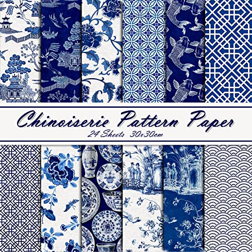 Whaline 12 Design Chinoiserie Muster Papier 24 Blatt Blau China Scrapbook Spezialpapier Doppelseitige Kollektion Orientalisches dekoratives Bastelpapier flach gefaltet für Chinoiserie von Whaline