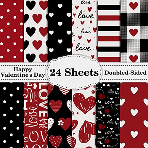 Whaline 12 Designs Valentinsmuster-Papier, Packung mit 24 Blatt, Herz, Liebe, Scrapbook, Spezialpapier, rot, schwarz, Kollektion, doppelseitig, dekoratives Bastelpapier für Kartengestaltung, Scrapbook von Whaline