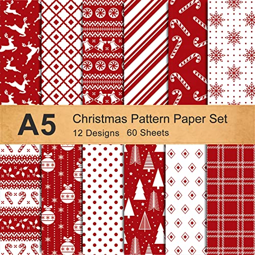 Whaline 12 Designs Weihnachtsmusterpapier A5 Größe 60 Blatt Schneeflocke Rentier Weihnachtsbaum Glänzendes Musterpapier Weiß Rot Dekoratives Bastelpapier Doppelseitig Gefaltet Flach für von Whaline