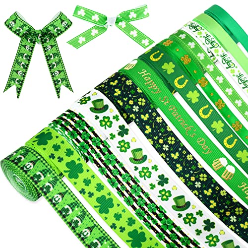 Whaline 12 Rollen 60 Yards St. Patrick's Day Band Kleeblatt Drahtkante Band Kleeblatt Hut Zwerg Hufeisen Dekorative Bastelbänder für irische Feiertagsverpackungen Dekor Haarschleife Nähen Kranz von Whaline