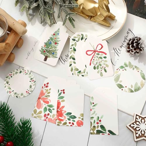 Whaline 120 Stück Weihnachts-Geschenkanhänger aus Papier, Aquarellfarben, Weihnachtsbaumblätter, zum Aufhängen, Namensschild mit Hanfseil, 8 Designs, Etiketten für Urlaub, Party, Gastgeschenk von Whaline