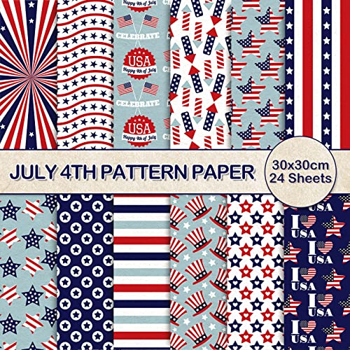 Whaline 24 Blatt 4. Juli Muster Papier Pack USA-Flagge Scrapbook Spezialpapier doppelseitig Kollektion Dekoratives patriotisches Bastelpapier für Kartenherstellung Scrapbook Fotoalbum Dekoration von Whaline