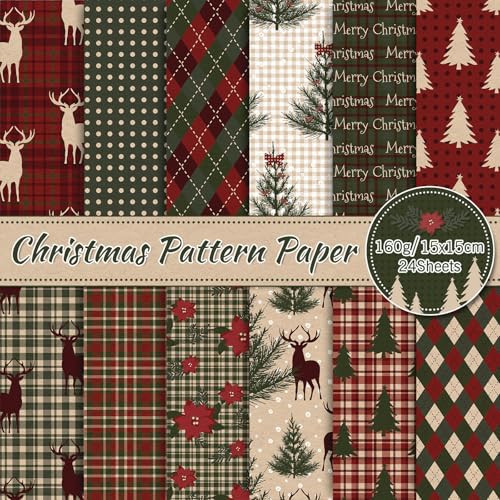 Whaline 24 Blatt Frohe Weihnachten Muster Papier Plaid Woodland Scrapbook Spezialpapier Doppelseitiges Xmas Bastelpapier für DIY Kartenherstellung Fotoalbum Dekor, 15,2 x 15,2 cm von Whaline