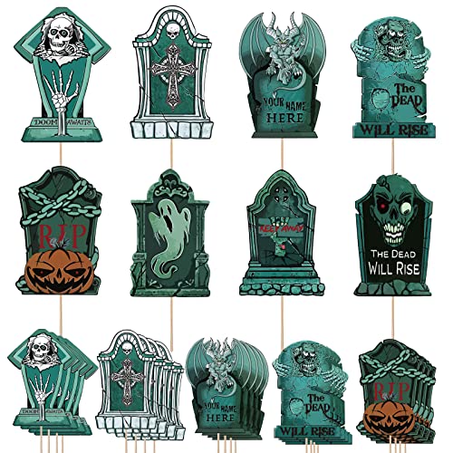 Whaline 24 Stück Halloween Cupcake Topper Grabstein Kuchen Topper 8 Design Gruselige Friedhof Cupcake Dekoration Tischdekoration Sticks Vorspeise Picks für Halloween Party Supplies von Whaline