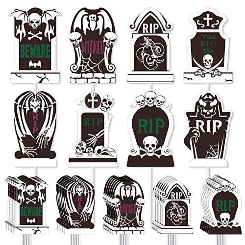 Whaline 24 Stück Halloween-Cupcake-Topper Grabstein Kuchen Topper 8 Design Totenkopf Friedhof Cupcake Dekoration Tischdekoration Sticks Vorspeise Picks für Halloween Party Supplies von Whaline