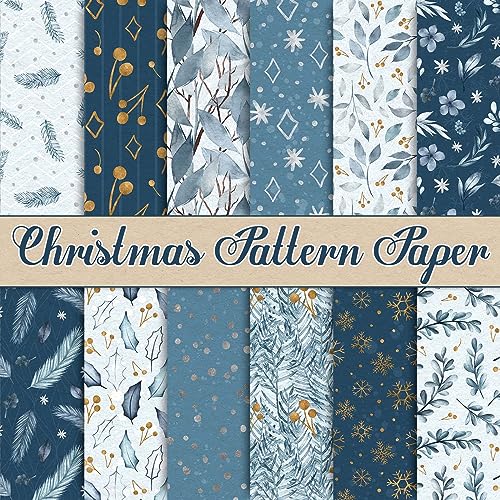 Whaline 24 Stück Weihnachtsmuster Papier 30x30 cm Aquarell Winter Scrapbook Papier doppelseitig weiß blau Schneeflocke Bastelpapier für DIY Kartenherstellung Scrapbook Fotoalbum Dekoration, 12 Designs von Whaline