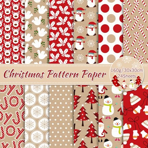 Whaline 24 Stück Weihnachtsmusterpapier, 30 x 30 cm, Kraftpapier, Rot, Scrapbook-Papier, doppelseitig, niedlich, Weihnachtsmann, Rentier, Schneemann, Bastelpapier, flach gefaltet, für selbstgemachte von Whaline