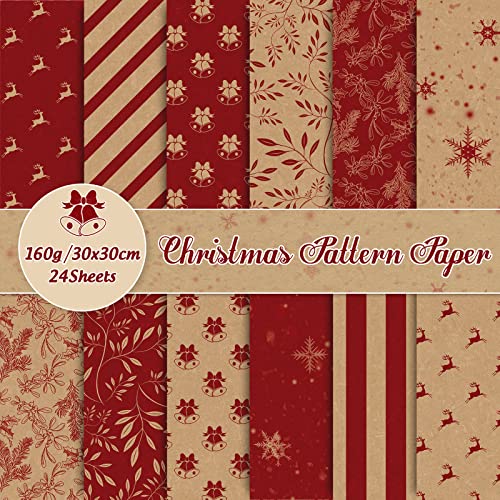 Whaline 24 Stück Weihnachtsmusterpapier 30x30 cm, rustikales Weihnachts-Scrapbook-Papier, 12 Designs, doppelseitiges Kraftpapier, rotes Bastelpapier für DIY-Kartenherstellung, Fotoalbum, Dekoration von Whaline