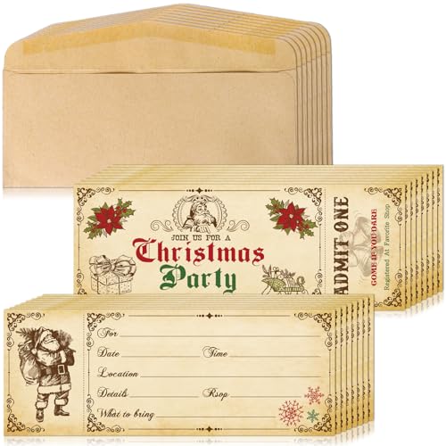 Whaline 25 Stück Weihnachtsfeier Einladungen mit Umschlägen Vintage Stil Weihnachtsmann Party Ticket Einladungen Karten Xmas Party Einladungen für Winter Baby Shower Feier Neujahr Geburtstag Party von Whaline