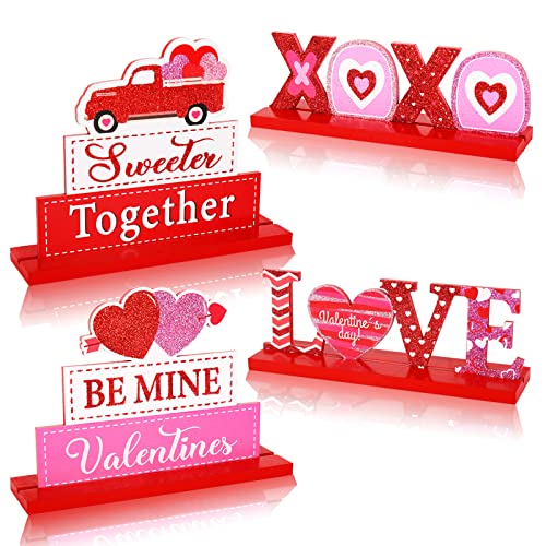 Whaline 4 Stück Valentinstag Tischdekoration Schilder Glitzer Love XOXO Holz Tischschild Romantische Tischplatte Mittelstück Schild für Valentinstag Hochzeit Zuhause Büro Tischdekoration Etagere von Whaline