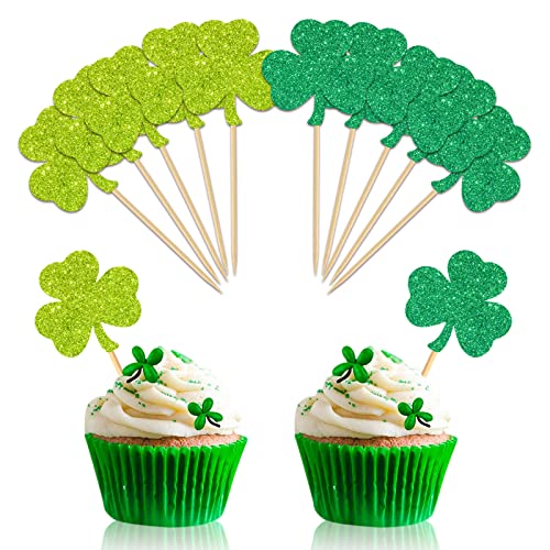 Whaline 48 Stück St. Patrick's Day Cupcake-Topper mit Stäben, Klebepunkt, glitzerndes Kleeblatt, Cupcake-Picks, Kleeblatt, Zahnstocher, Flaggen für St. Patrick's Day, Party, irisches Urlaubszubehör, Kuchendekorationen von Whaline