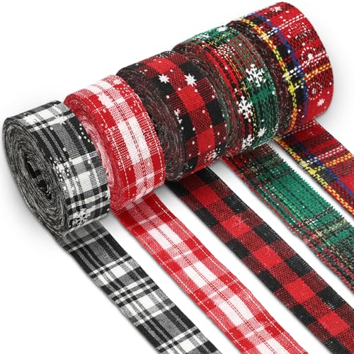 Whaline 5 Rollen 27,4 m Weihnachts-Sackleinenband, 2,5 cm, Schneeflocke, kariert, Geschenkband, Winter, Weihnachten, dekoratives Band für Bastelarbeiten, Kranz, Schleifenherstellung von Whaline