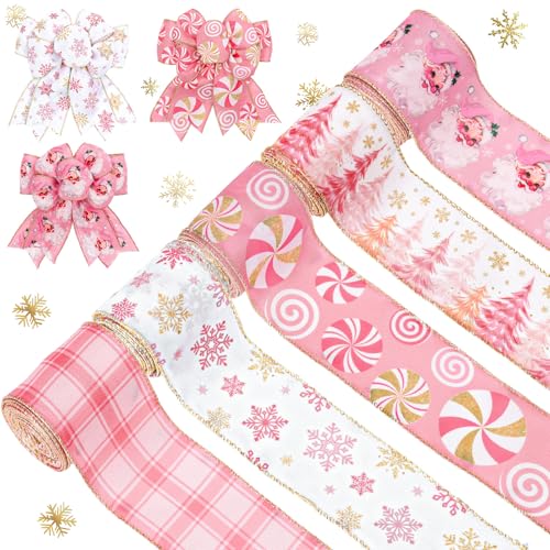 Whaline 5 Rollen Weihnachtsband mit goldenem Glitzer, Drahtrand, 6,3 cm, 2,5 cm, 27,7 m, rosa-weiß, kariert, Weihnachtsbaum, Weihnachtsmann, Schneemann, Schneeflocke, Süßigkeiten, Pfefferminze, von Whaline