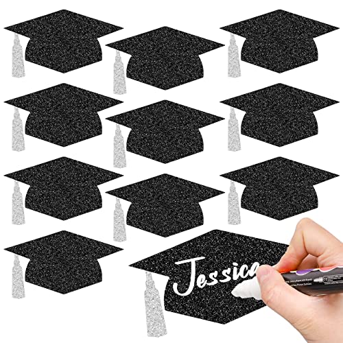 Whaline 50 Stück Grad Kappen Ausschnitte Glitzer Schwarz Abschluss Papier Schneiden mit 100 Stück Klebepunkte Grad Kappe mit silberner Quaste Form Konfetti für High School College Abschluss Party Supplies, 5,7 Zoll von Whaline