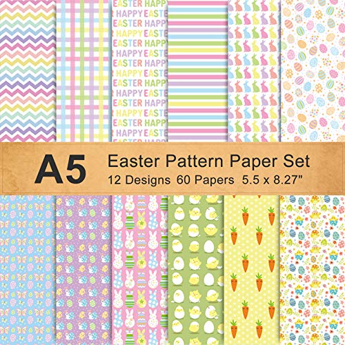 Whaline 60 Blatt doppelseitiges Ostern Muster Papier Origami Papier Pattern Papier Osterhase Kaninchen Ei Bastelpapier Dekorpapier für Kartengestaltung Scrapbook Geschenk Deko (A5 Größe, 12 Muster) von Whaline