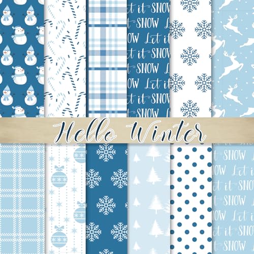 Whaline Weihnachtsmusterpapier, Schneeflocke, Schneemann, Scrapbook, Spezialpapier, Blau, dekoratives Bastelpapier für den Winter, DIY, Kartenherstellung, Fotoalbum, Tagebuch, Dekoration, 14 x 21 cm, von Whaline