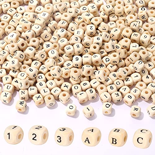 Whaline 700 Stück Holzperlen, Initiale 26 Buchstaben und 0-9 Zahlen, Naturholz, Bastelperlen, 10 mm, quadratische Alphabetperlen, Holzperlen, lose Buchstaben, DIY-Projekte, Dekoration von Whaline