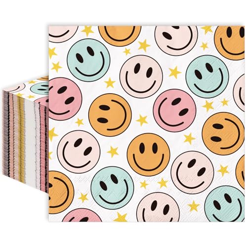 Whaline 80 Stück Boho Smile Face Papierservietten 16,5 x 16,5 cm Preppy Smile Star Einweg-Servietten Retro Hippie Happy Face Dinner Serviette für Geburtstag Preppy Party von Whaline