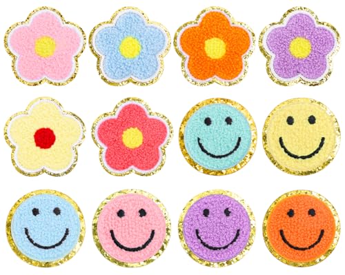 Whaline Chenille-Patches mit lächelnden und Blumen, Pastellfarben, Happy Face, Blume, Wärmeübertragung, Bügelbilder, bestickte Stoffflicken für Kleidung, Stoff, Basteln, 12 Stück von Whaline