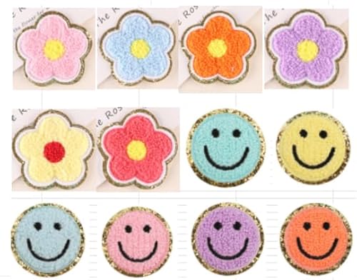 Whaline Chenille-Patches mit lächelnden und Blumen, Pastellfarben, Happy Face, Blume, Wärmeübertragung, Bügelbilder, bestickte Stoffflicken für Kleidung, Stoff, Basteln, 12 Stück von Whaline