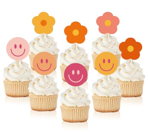 Whaline Cupcake-Aufsätze mit groovigem Blumen- und Lächelgesicht, Orange, Pink, Boho-Cupcake-Picks, bunte Essenspieße für Retro-Party, Dessert, Dekoration, 48 Stück von Whaline