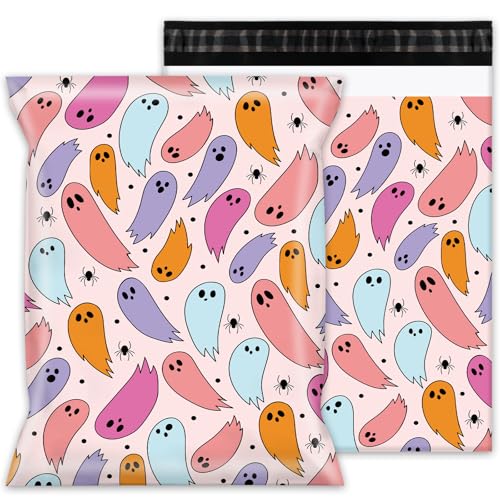 Whaline Halloween-Versandtaschen, 25,4 x 33 cm, Pastellfarben, Geister-Versandtaschen, niedlich, selbstdichtend, wasserdicht, Kunststoff, für kleine Unternehmen, 100 Stück von Whaline