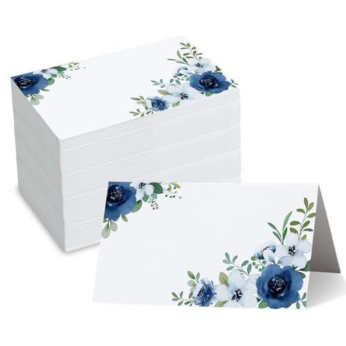 Whaline Tischkarten mit Blumenmuster, 8,9 x 5,1 cm, weiß-blau, Zeltkarten, Aquarellblumen, Sitzkarten, blanko, Tischnamensschilder für Buffet, Party, Tischdekoration, 100 Stück von Whaline