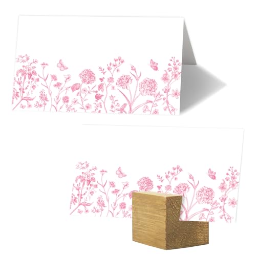 Whaline Tischkarten mit rosafarbenem Blumenmuster, 8,9 x 5,1 cm, Chinoiserie, Zeltkarten, Sitzkarten, Blanko, Tischnamensschilder für Feiertage, Buffet, Party, Tischdekoration, 100 Stück von Whaline