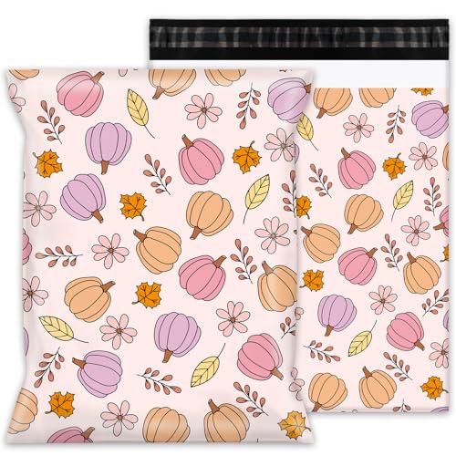 Whaline Versandtaschen aus Kunststoff, 25,4 x 33 cm, Kürbis-Blumenblätter, selbstverschließend, für Herbst, Erntedankfest, Kleinunternehmen, Orange, Rosa, Lila, 100 Stück von Whaline