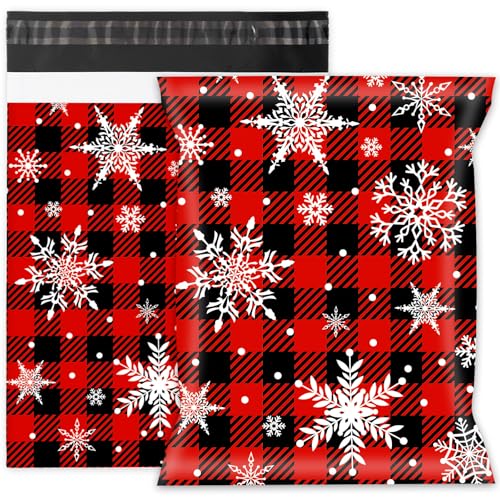 Whaline Versandtaschen aus Polymaterial mit Schneeflocken-Motiv, 25,4 x 33 cm, Rot, Schwarz, Büffelkariert, selbstverschließend, Kunststoffverpackung, Umschläge, für Weihnachten, kleine Unternehmen, von Whaline