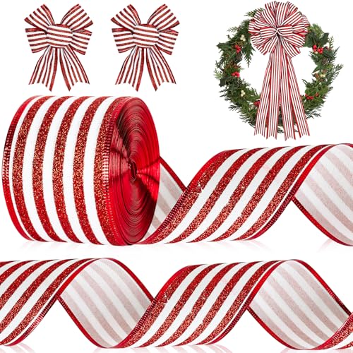 Whaline Weihnachtsband mit Pfefferminzstreifen, Drahtrand, 6,3 cm, glitzernd, rot und weiß, gestreift, für Weihnachtsbaum, Schleife, Kranz, Handwerk, Geschenkverpackung, Urlaub, Heimdekoration, 13,7 m von Whaline