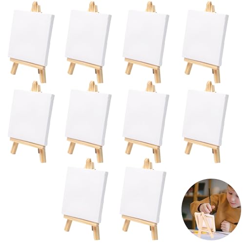 10 Stück Mini Leinwand Staffelei Holz, Mini Holz Dekoration Staffelei, Mini Leinwand mit Staffelei 10x10, Mini Staffelei Set, Mini Leinwand mit Mini Staffelei, für Tischdekoration, Malen, Basteln von Whcctl