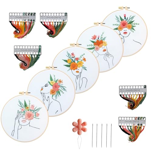 Whemyreat 5 Sets Stickset für anfänger, DIY-Nadelspitzenset für Anfänger mit Muster und Anleitung, Kreuzstichset für Erwachsene, inklusive Stoff (Blumen- und Frauenmotiv) von Whemyreat