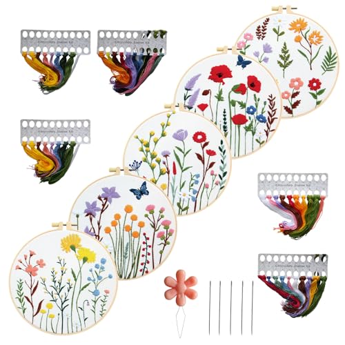 Whemyreat 5 Sets Stickset für anfänger, DIY-Nadelspitzenset für Anfänger mit Muster und Anleitung, Kreuzstichset für Erwachsene, inklusive Stoff (buntes Blumen-Thema) von Whemyreat