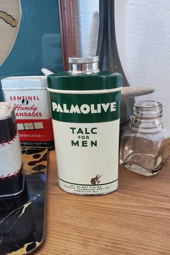 Palmolive Talk Für Männer, Vintage Werbebehälter, Metallzinnpulver von WhiteRobinVintage