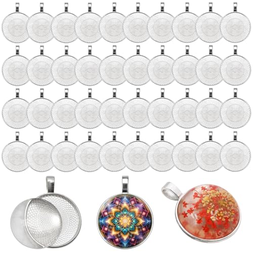 40 Stück Anhänger Tabletts Set, Lünette Anhänger Tabletts, Cabochon Set Rund Anhänger 25mm, Runder Anhängersockel Silberfarben Flacher Pendant Trays Kit, für DIY Handwerk Foto Schmuck von WhizNook