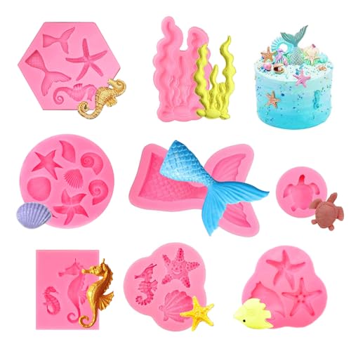 8 Stück Meerjungfrau Tortendeko, Meerjungfrau Silikonform, 3D Mermaid Tier Cupcake Topper, Meerjungfrauenflosse Fondantform, Tortendeko Meerjungfrau Backformen für Kuchen, Schokolade von WhizNook