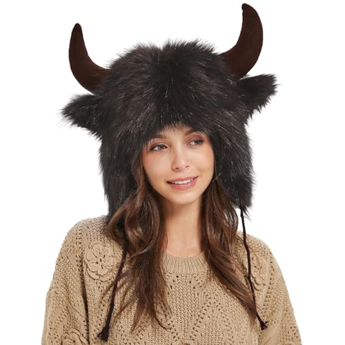 Whnbuij Bison Hat - Plüsch Ohrenklappen Hut mit Hörnern, Halloween Ohr Kopfbedeckung | Thema Outdoor Abenteuer, Tier Cosplay Festival für Männer und Frauen von Whnbuij