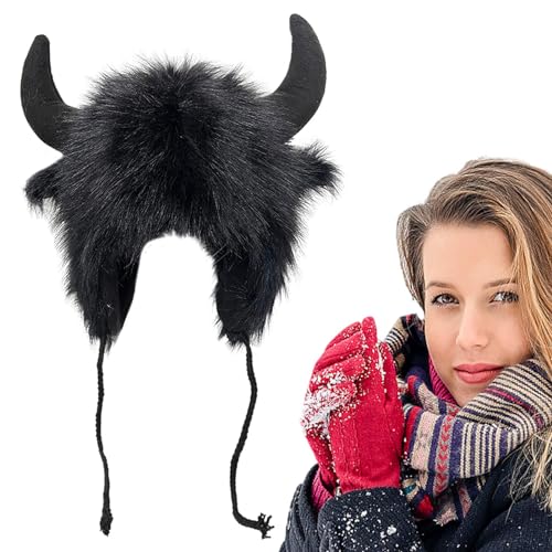 Whnbuij Bison Hat - Plüsch Ohrenklappen Hut mit Hörnern, Halloween Ohr Kopfbedeckung | Thema Outdoor Abenteuer, Tier Cosplay Festival für Männer und Frauen von Whnbuij