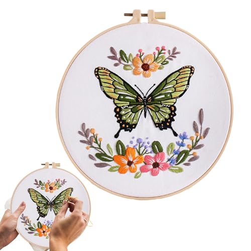 Whnbuij Schmetterling-Blumen-Stickset, Tier-Stickerei-Näh-Übungsset - Buntes Stickset für Anfänger - Rundes Nähkunst-Set, Nähzubehör für Geburtstag, Weihnachten, Neujahr, Erntedankfest von Whnbuij