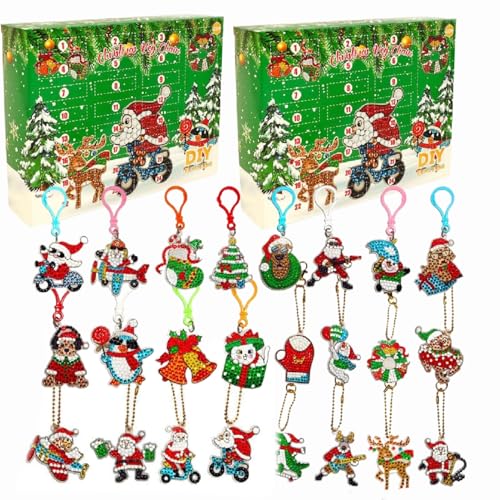 Diamond Painting Adventskalender 2024, Adventskalender Diamond Painting Weihnachten Schlüsselanhänger, 24-Tage-Weihnachts-Countdown-Kalender, 5D Diamant Malerei Set für Kinde (2PCS) von Whnnssw