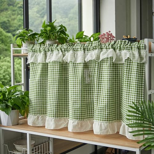 Kurzgardine Modern Grün 1er Pack 60cm Höhe, Küchen Scheibengardinen Halbverdunkelnde Baumwolle Leinen Modern Stores Gardinen Kariert mit Spitzenrüschen Wohnzimmer Landhaus Fenstervorhang Küche 60x76cm von Whoiy