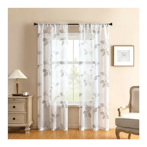 Whoiy 2er Set Polyester Transparente Gardine Grau 160 Lang, Transparente Gardinen Vorhänge Blume Bedruckt Schlafzimmer Kurz Rod Tasche, H160 x B107 cm von Whoiy