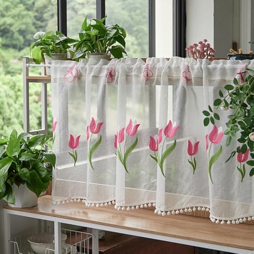 Whoiy Kurzgardine Modern Weiß 1er Pack 60 cm Höhe, Scheibengardine Küche Durchsichtig Spitze Modern Stores Gardinen Tulpen Stickerei mit Quaste Wohnzimmer Landhaus Kurzvorhänge Küche 60x150cm von Whoiy