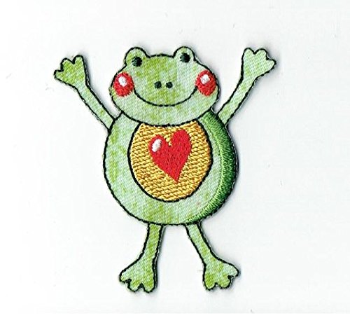 Aufnäher, Motiv: grüner Frosch mit rotem Herz, bestickt von Wholesale Applique