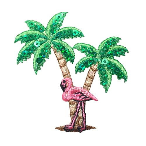 Rosa Flamingo mit Pailletten Palme, Strand, Küste, bestickt, zum Aufbügeln von Wholesale Applique