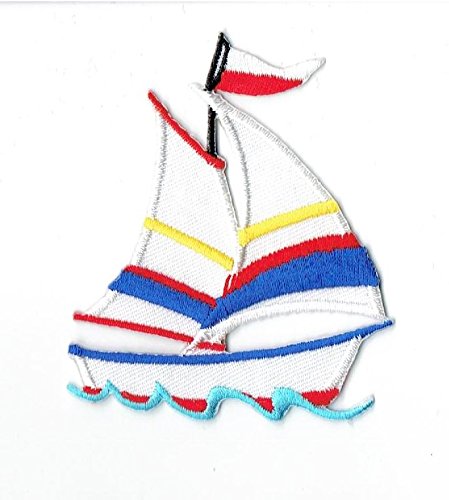 Weißes Segelboot mit blauen und roten Streifen, bestickt, zum Aufbügeln, für Kleidung von Wholesale Applique